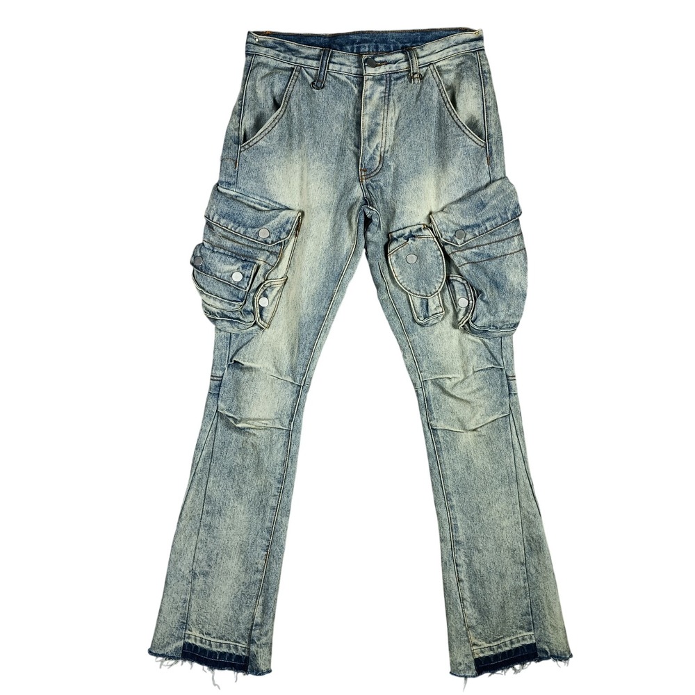 MNML Flare Cargo Jeans Mens 28 Blue Acid Wash Multi Pocket Tactical Denim